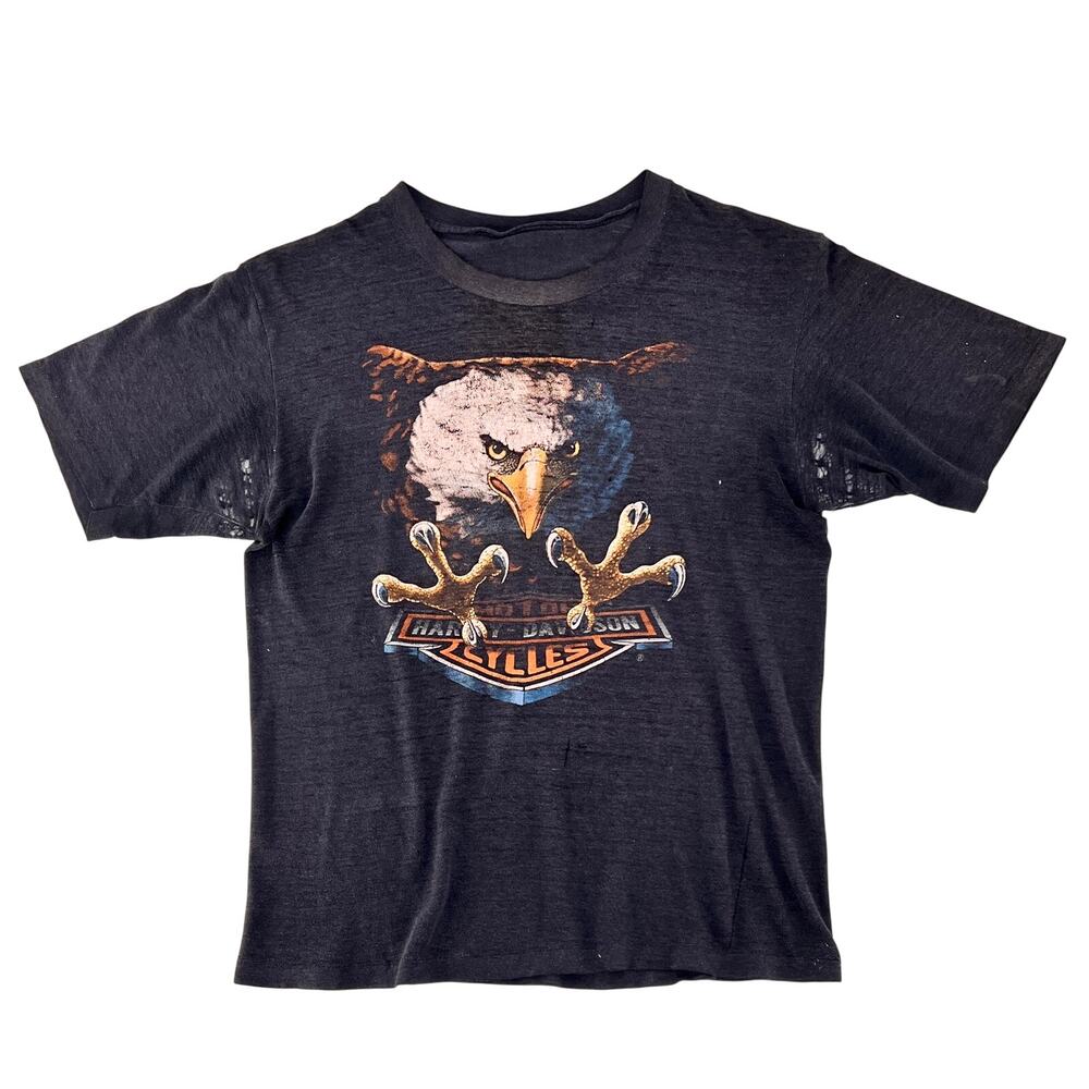 80s Vintage Harley Davidson 3D Emblem Tshirt Eagle Talon Double Sided Faded